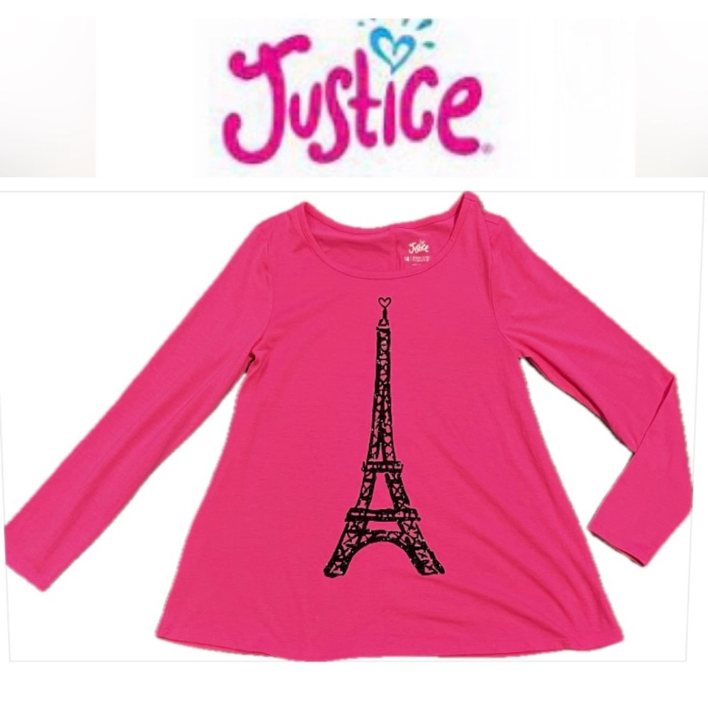 JUSTICE girls Bright Pink Paris Eiffel Tower long sleeve blouse Size 14 EX COND